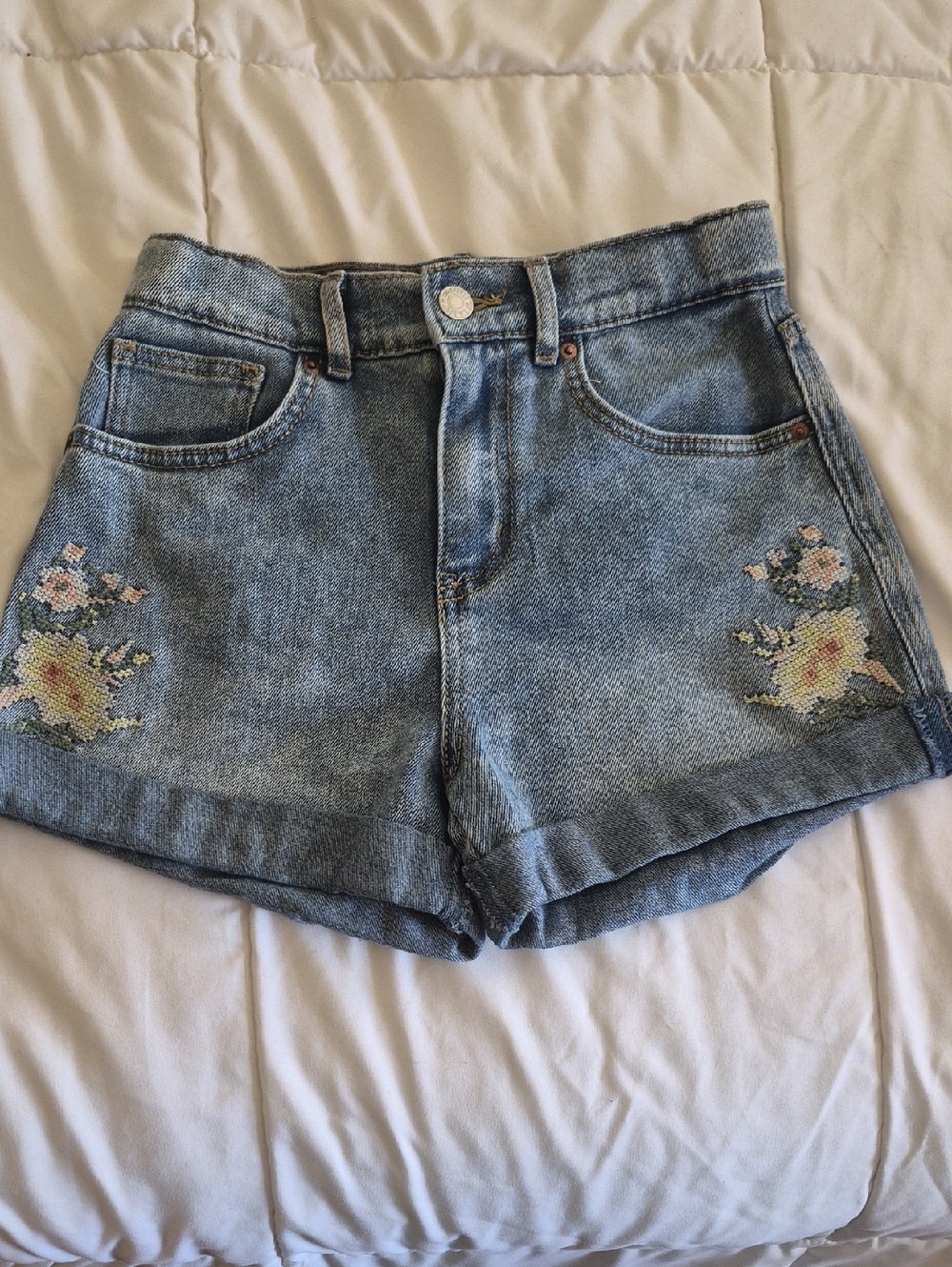 Denim High-Rise Embroidered Girls Shorts - Light Blue